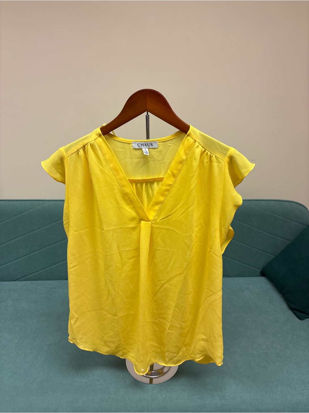 Chaus Bright Yellow V-Neck Flutter Sleeve Blouse